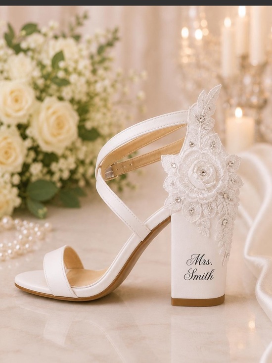 Custom Bridal Block Heel Sandals Mrs Name Wedding Shoes Lace Appliqué